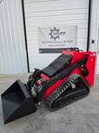 VORX NL750 mini skid steer, red and black, bucket lowered and resting on the ground