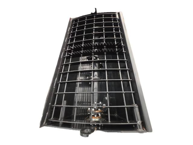 Black concrete mixing bucket seen from above, steel grate over the mixing drum, white background