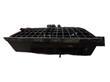 Black concrete mixing bucket from the side, steel grate lid over the drum and hydraulic fittings