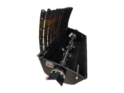 Black concrete mixer bucket with hinged grid lid open, mixing shaft and paddles inside