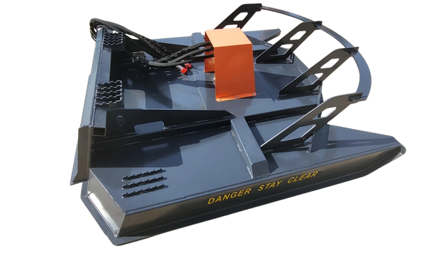 Gray 72-inch brush cutter, orange hydraulic motor cover, guard hoop over the deck and DANGER STAY CLEAR side decal