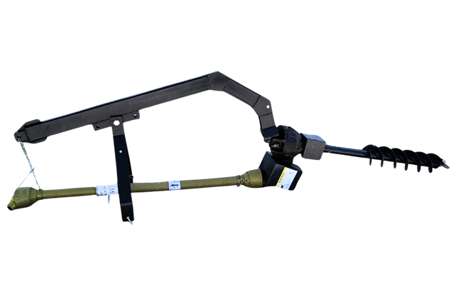Wolverine post hole auger, black A-frame boom, gearbox, olive PTO driveline shaft and 6-inch helical auger bit