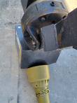 Auger gearbox and boom joint with the olive PTO driveline shield and safety chain, warning decal below