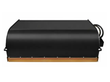 Wolverine 72in box broom, black steel hood with bolted bronze scraper strip and hydraulic hoses coiled at one end