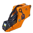 Orange Wolverine hydraulic clamp attachment, mounting pins, coiled hoses, lift eye and black lower jaw