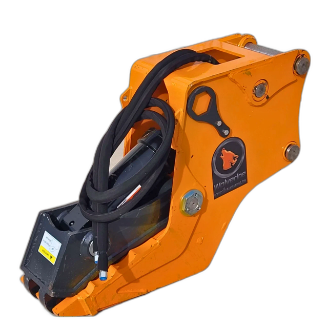 Orange Wolverine hydraulic clamp attachment, mounting pins, coiled hoses, lift eye and black lower jaw