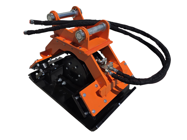Wolverine E-VPC06 excavator vibrating plate compactor, orange bracket, black baseplate, hydraulic hoses