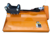 Orange Wolverine flail mower, black excavator mount bracket with pins, hydraulic drive motor and warning decal