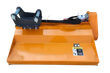 Orange Wolverine flail mower deck with black excavator mount bracket and pins, hydraulic motor, hoses and warning decal