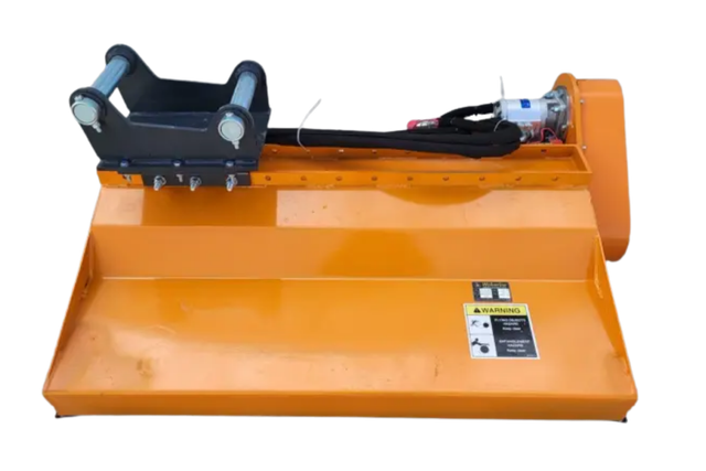 Orange Wolverine flail mower deck with black excavator mount bracket and pins, hydraulic motor, hoses and warning decal