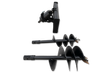Black hydraulic auger drive on a skid steer quick-attach plate with 12-inch and 18-inch auger bits, carbide teeth