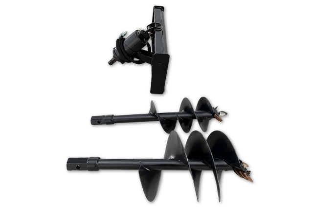 Black hydraulic auger drive on a skid steer quick-attach plate with 12-inch and 18-inch auger bits, carbide teeth