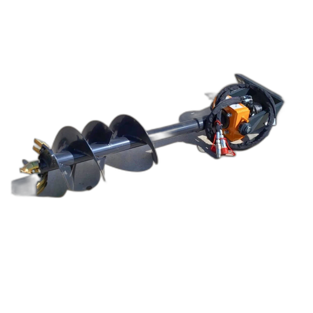 Mini skid steer auger, black flighted bit with gold bolt-on teeth, shaft, orange drive gearbox and mount plate