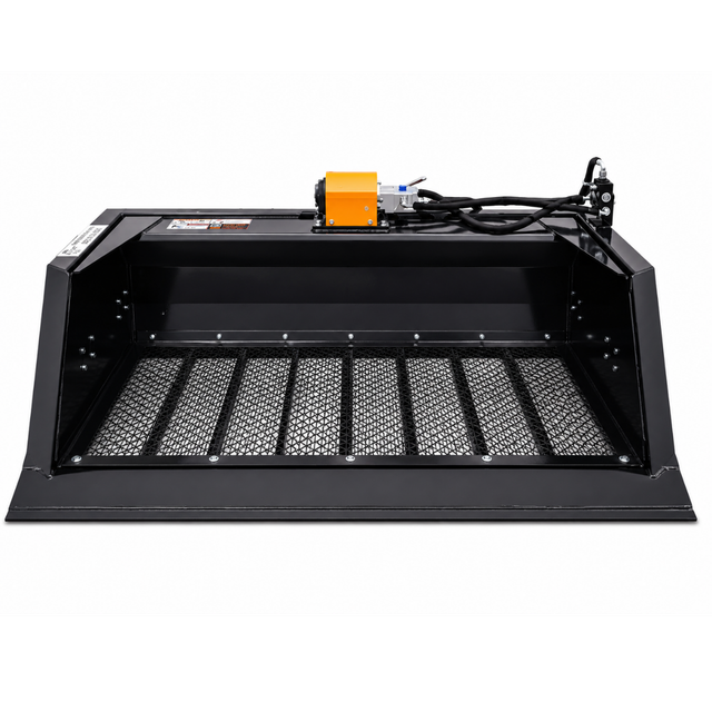 Wolverine 72-inch screening bucket, open front: mesh screen floor with support ribs and orange hydraulic motor on top