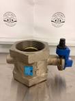 Bronze-colored C&C Industries threaded butterfly valve with blue stop bracket and cast flow arrow
