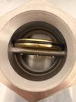 Looking into the valve bore at a brass butterfly disc with a black seal ring on a steel shaft