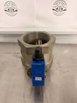 Butterfly valve viewed from the end, blue stop bracket labeled Inspected C&C-Line and open threaded bore