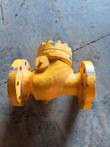 Yellow flanged swing check valve with bolted bonnet cover and blue protective caps on the flange bores