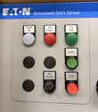Eaton Enclosed DG1 Drive door controls: power, fault and run lights, start and stop buttons, speed reference knob