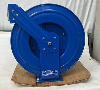 Blue Coxreels hose reel, front view with Coxreels label on the base and angled guide arm