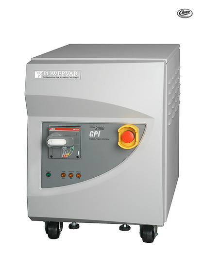 PowerVar Series 2000 GPI power conditioner, gray cabinet with ABB disconnect handle, red e-stop and casters