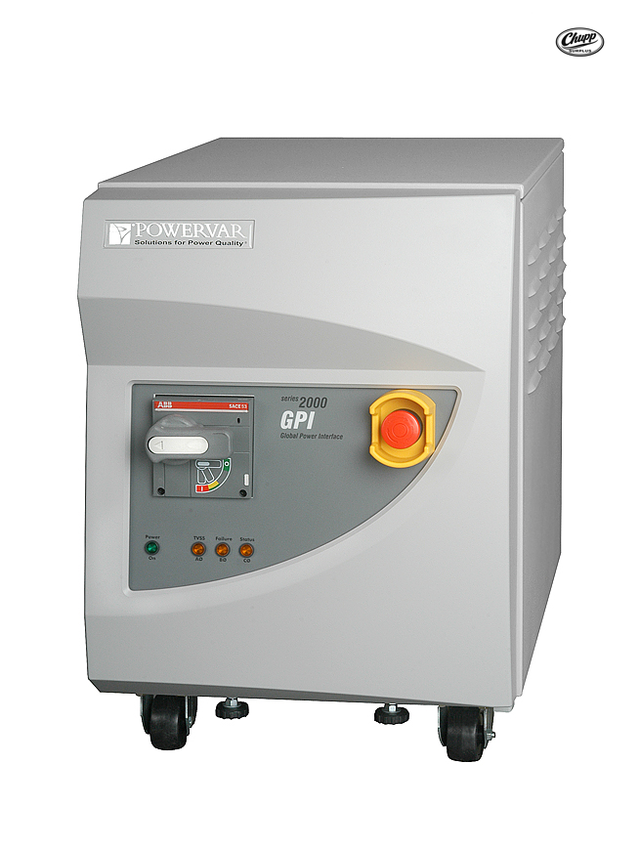 PowerVar Series 2000 GPI power conditioner, gray cabinet with ABB disconnect handle, red e-stop and casters