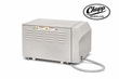 Gray power conditioner cabinet with vented side, warning labels and flexible conduit hose at the right end