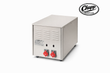 Gray power conditioner cabinet with PowerVar label, vent slots and two red industrial outlet sockets