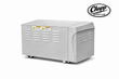 Gray power conditioner cabinet on casters, vented side with two orange warning labels