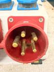 Red 5-pin CEE power plug on a white distribution box, blue sockets above