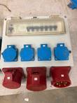 Brennenstuhl distribution box: breaker panel under clear cover, four blue sockets, three red CEE connectors