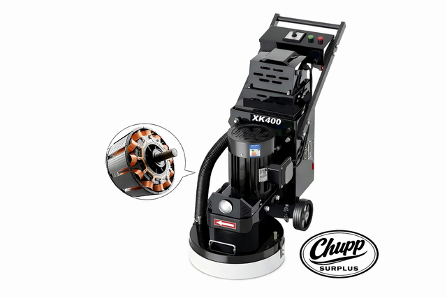 Black XK400 concrete floor grinder with dust hose, round grinding head and motor cutaway inset