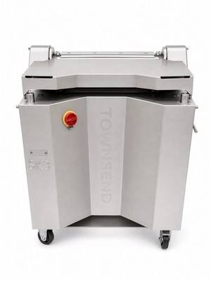 Townsend stainless steel meat tenderizer on casters, front view with red emergency stop