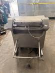 Stainless dual-roller meat tenderizer from the front, feed tray on top, power cord and wheeled frame