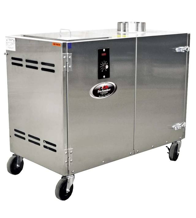 Stainless steel Pro Smoker 'N Roaster on casters with front controls and top vent stack