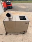 Stainless smoker from the side with foil vent elbow, hopper opening, door latches and power cord
