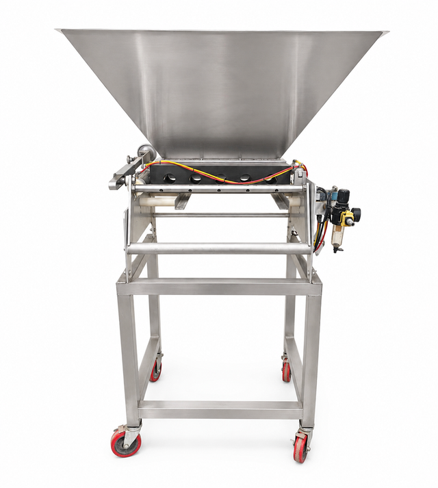 Stainless steel pneumatic piston depositor with large hopper on a stainless stand with red casters