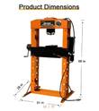 Dimension diagram of orange hydraulic shop press: 51 in wide, 28 in deep, 68 in tall