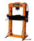 Orange H-frame hydraulic shop press with gauge, hand-crank bed winch and air cylinder, on white