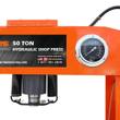 50-ton hydraulic shop press header: tonnage gauge, ram with return springs, orange frame