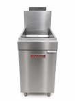 Vulcan stainless steel floor fryer, front view with red logo, single door, tank and splash back