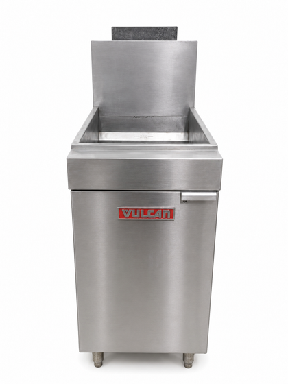 Vulcan stainless steel floor fryer, front view with red logo, single door, tank and splash back
