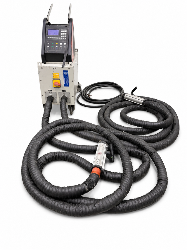 EFD MINAC induction heating unit on white: control console, two coiled hoses and handheld transformers