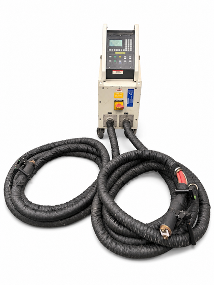 EFD MINAC twin induction brazing system on white: generator cabinet with console and two coiled cable assemblies