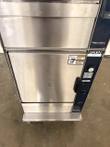 Lower steamer door with caution labels, control knob, Manual, Timed, Stop and Cancel buttons on a blue Groen panel