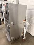 Groen double-stack steamer at an angle with two doors, blue control panels and data plates on the side