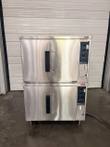 Lang double-stack convection oven, front view, closed stainless doors with control panels