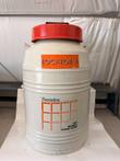 Thermolyne Locator 4 cryo biological storage dewar, cream body with red lid and orange label
