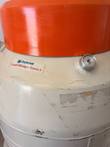 Orange lid, Charlesson Liquid Nitrogen Dewar 3 label and threaded port on the cream dewar neck