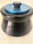 Black fixed-angle centrifuge rotor with blue aluminum lid and black knob, JLA 16.250 16,000 RPM engraved